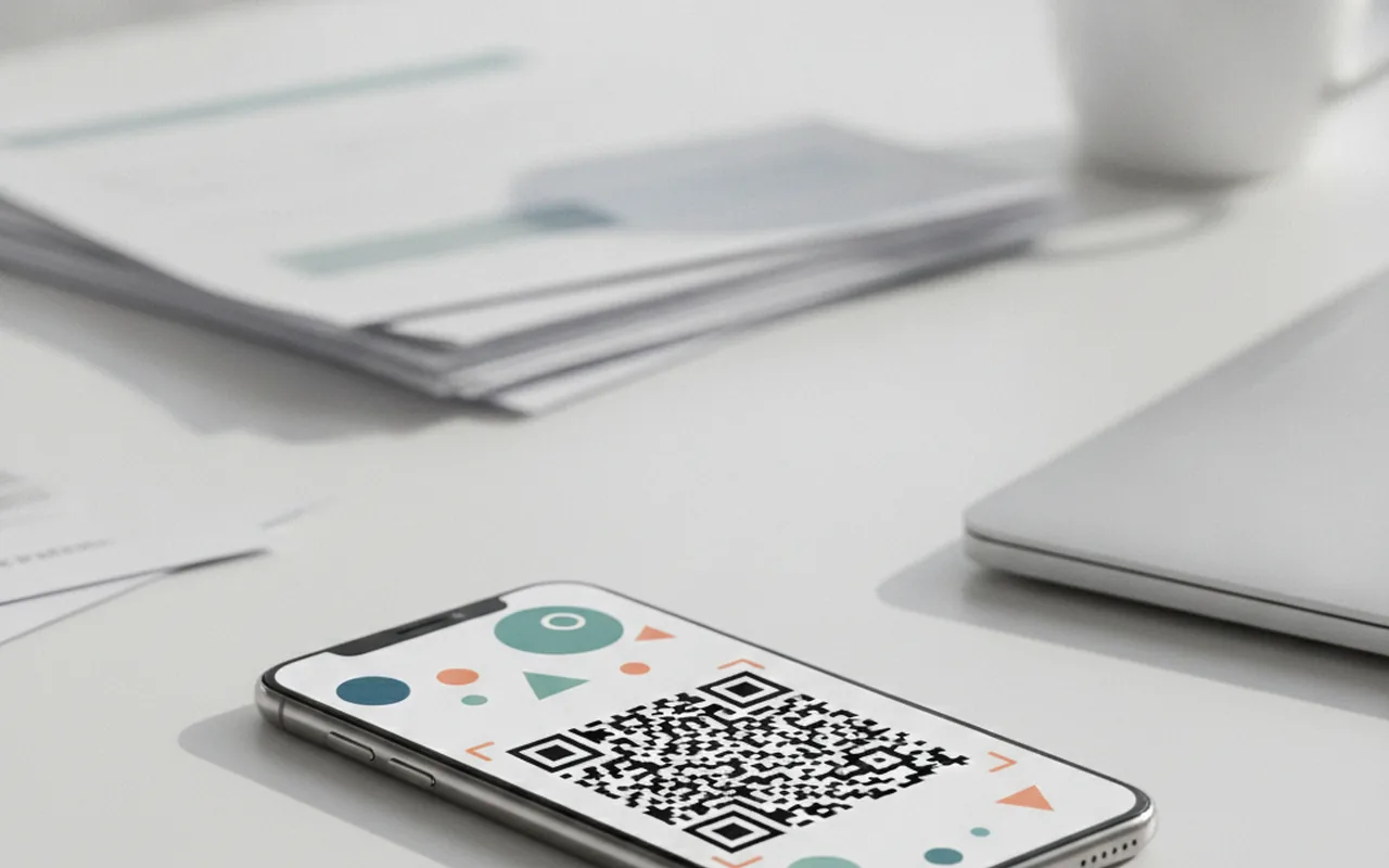 Смартфон с QR-кодом для оплаты на рабочем столе рядом со стопкой счетов и ноутбуком